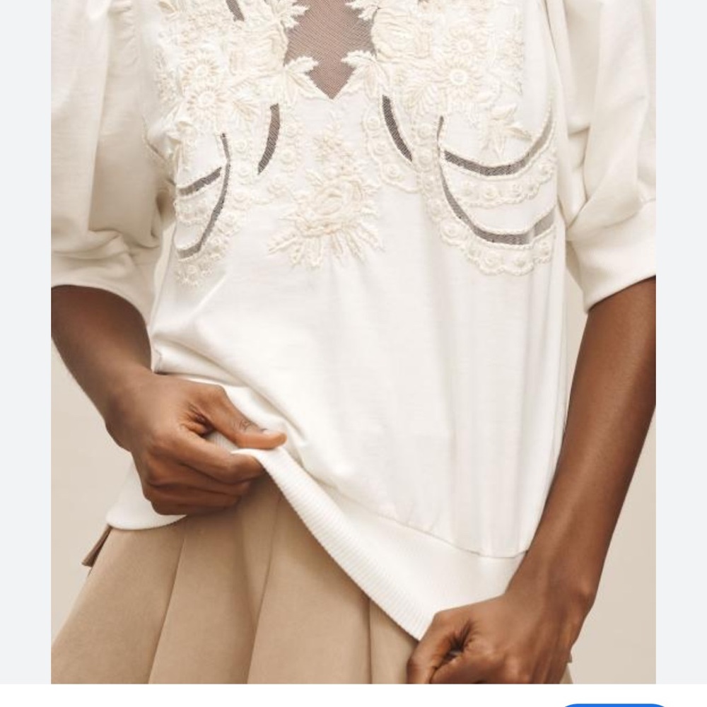 NWOT. By Anthropologie Puff-Sleeve Embellished Elbow-Sleeve Sweatshirt cream - Picture 4 of 8